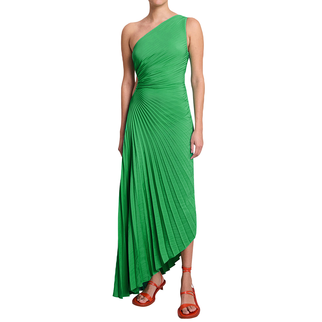 Women's One-Shoulder Evening Gown - Pleated Design - Fitted Bodice - Floor-Length Elegant Wear