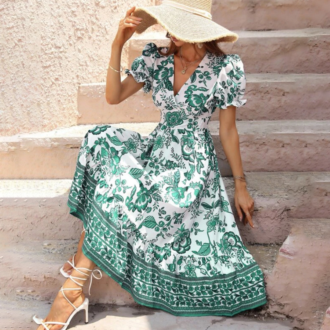 Women's Maxi Dress - Floral Print - Puff Sleeve V-Neck - Cinched Waist Flowy Fit