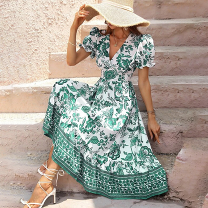 Women's Maxi Dress - Floral Print - Puff Sleeve V-Neck - Cinched Waist Flowy Fit