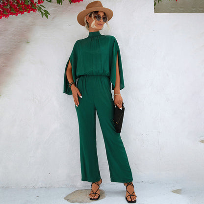 Women’s Jumpsuit – Relaxed Fit – High Neck – Cape Sleeve – Breathable Blend