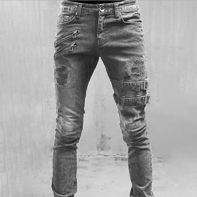 Men's biker pants buckle punk skinny ripped jeans