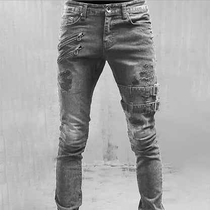 Men's biker pants buckle punk skinny ripped jeans