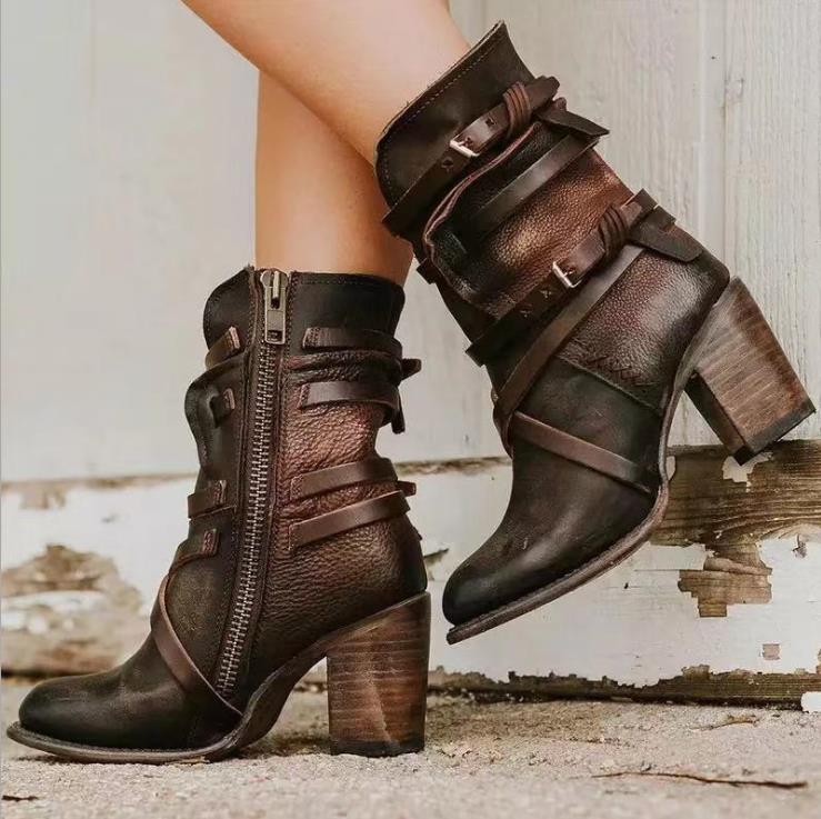 Women's Ankle Boots - Leather - Distressed Finish - Side Zip - Buckle Straps - Chunky Heel