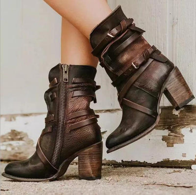 Women's Ankle Boots - Leather - Distressed Finish - Side Zip - Buckle Straps - Chunky Heel