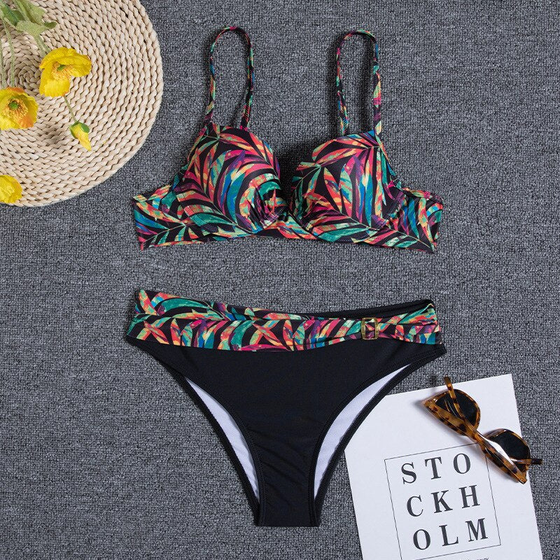 Women’s Bikini Set – Supportive Fit – Ruched Top – Adjustable Straps – Floral Print