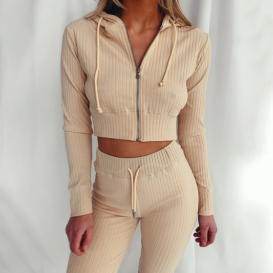 Women's Ribbed Knit Two-Piece Set – Cropped Zip Hoodie & High-Waisted Leggings