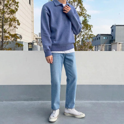 Men’s Polo Sweater – Relaxed Fit – Buttoned Collar – Ribbed Hem and Cuffs