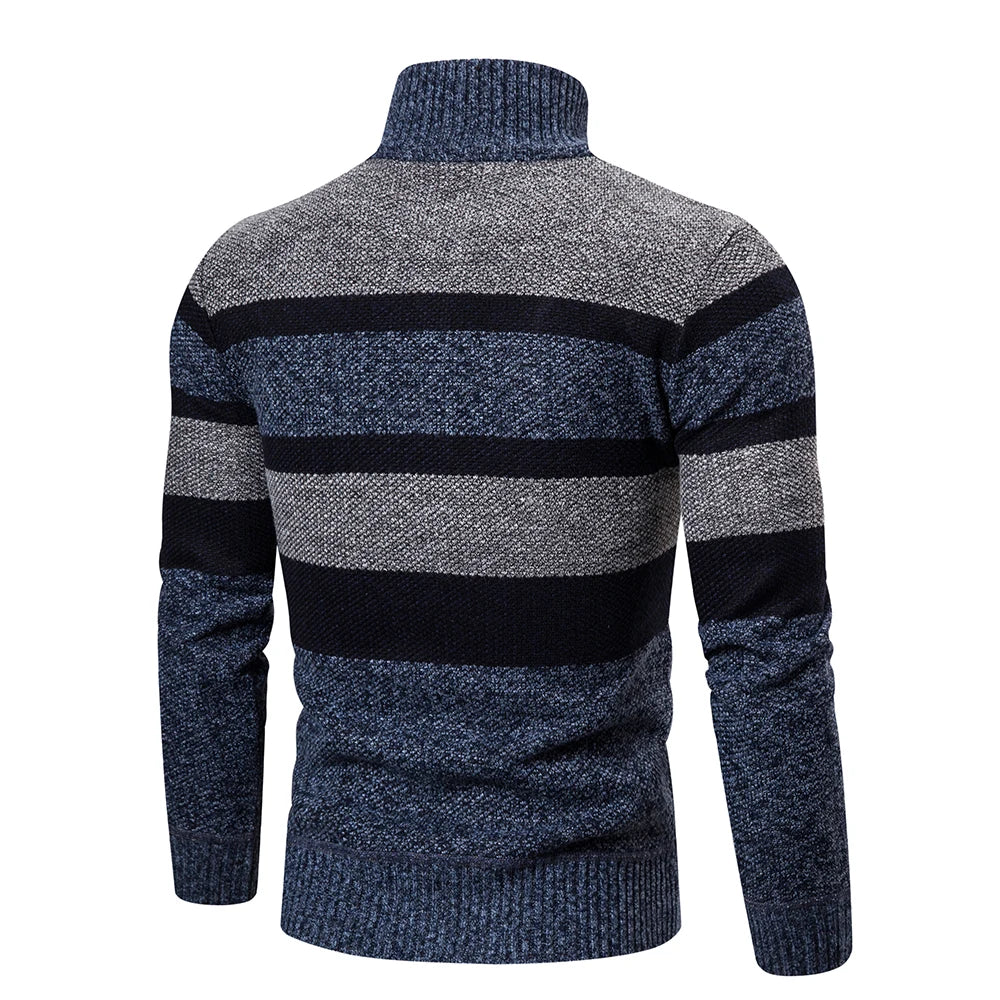 Men’s Knitted Sweater – High Collar – Zip Up – Textured Striped Pattern – Warm & Casual