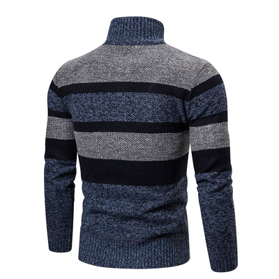 Men’s Knitted Sweater – High Collar – Zip Up – Textured Striped Pattern – Warm & Casual
