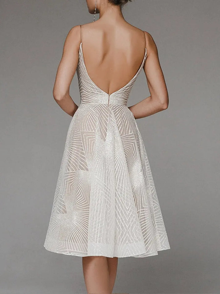 Women's Cocktail Dress - Fit and Flare - Knee-Length - V-Neck Spaghetti Straps - Elegant Pattern