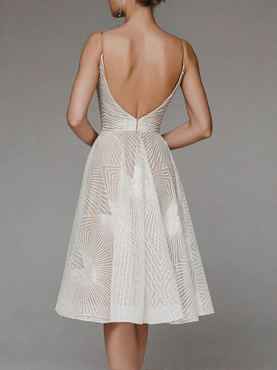 Women's Cocktail Dress - Fit and Flare - Knee-Length - V-Neck Spaghetti Straps - Elegant Pattern