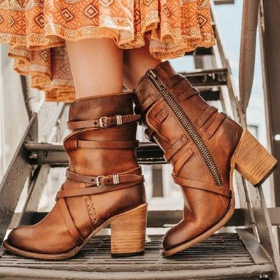 Women's Ankle Boots - Leather - Distressed Finish - Side Zip - Buckle Straps - Chunky Heel