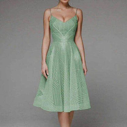 Women's Cocktail Dress - Fit and Flare - Knee-Length - V-Neck Spaghetti Straps - Elegant Pattern