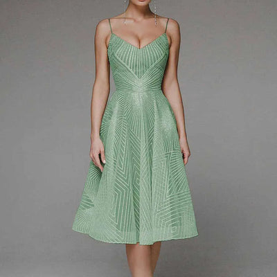 Women's Cocktail Dress - Fit and Flare - Knee-Length - V-Neck Spaghetti Straps - Elegant Pattern