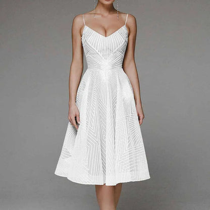 Women's Cocktail Dress - Fit and Flare - Knee-Length - V-Neck Spaghetti Straps - Elegant Pattern