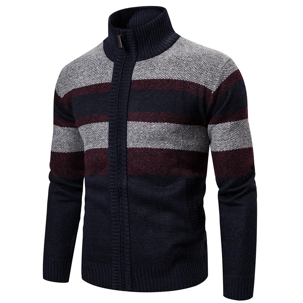 Men’s Knitted Sweater – High Collar – Zip Up – Textured Striped Pattern – Warm & Casual