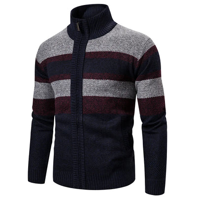 Men’s Knitted Sweater – High Collar – Zip Up – Textured Striped Pattern – Warm & Casual