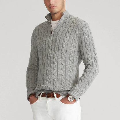 Men’s Sweater – Soft Cotton Knit – Regular Fit – Cable Knit with Zip Collar
