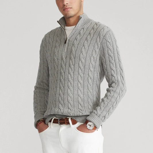 Men’s Sweater – Soft Cotton Knit – Regular Fit – Cable Knit with Zip Collar