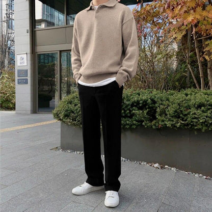 Men’s Polo Sweater – Relaxed Fit – Buttoned Collar – Ribbed Hem and Cuffs