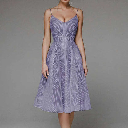 Women’s Midi Dress – A-Line Fit – Spaghetti Straps – V-Neck Geometric Design