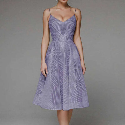 Women’s Midi Dress – A-Line Fit – Spaghetti Straps – V-Neck Geometric Design