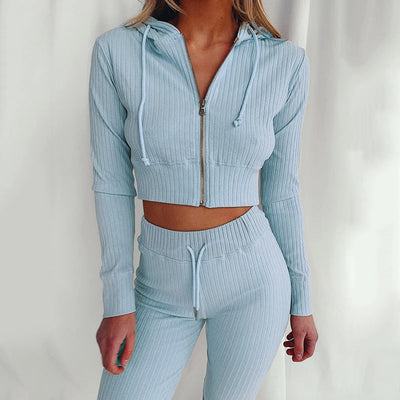 Women's Ribbed Knit Two-Piece Set – Cropped Zip Hoodie & High-Waisted Leggings