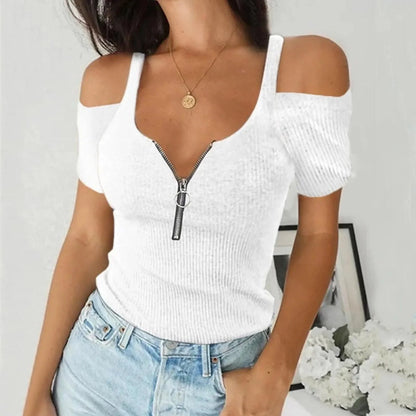 Women's Off-Shoulder Ribbed Knit Top - Deep V-Neck with Zipper - Slim Fit Short Sleeve