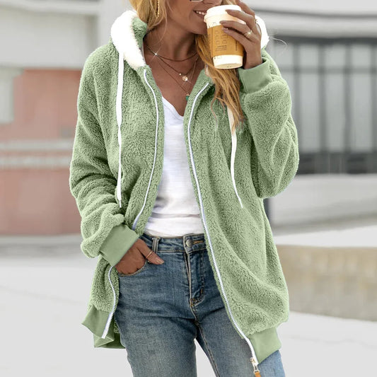 Women’s Fleece Cardigan – Oversized Fit – Hooded – Ribbed Cuffs
