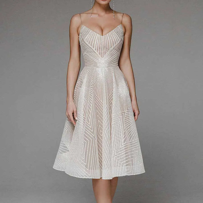 Women's Cocktail Dress - Fit and Flare - Knee-Length - V-Neck Spaghetti Straps - Elegant Pattern