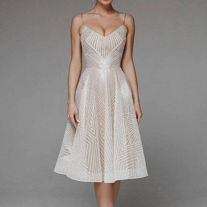 Women's Cocktail Dress - Fit and Flare - Knee-Length - V-Neck Spaghetti Straps - Elegant Pattern