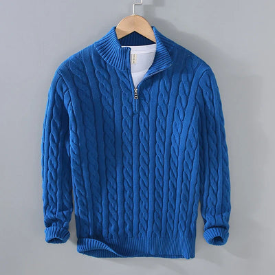 Men’s Sweater – Soft Cotton Knit – Regular Fit – Cable Knit with Zip Collar