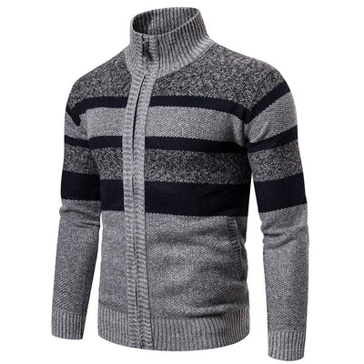Men’s Knitted Sweater – High Collar – Zip Up – Textured Striped Pattern – Warm & Casual
