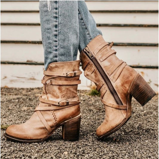 Women's Ankle Boots - Leather - Distressed Finish - Side Zip - Buckle Straps - Chunky Heel