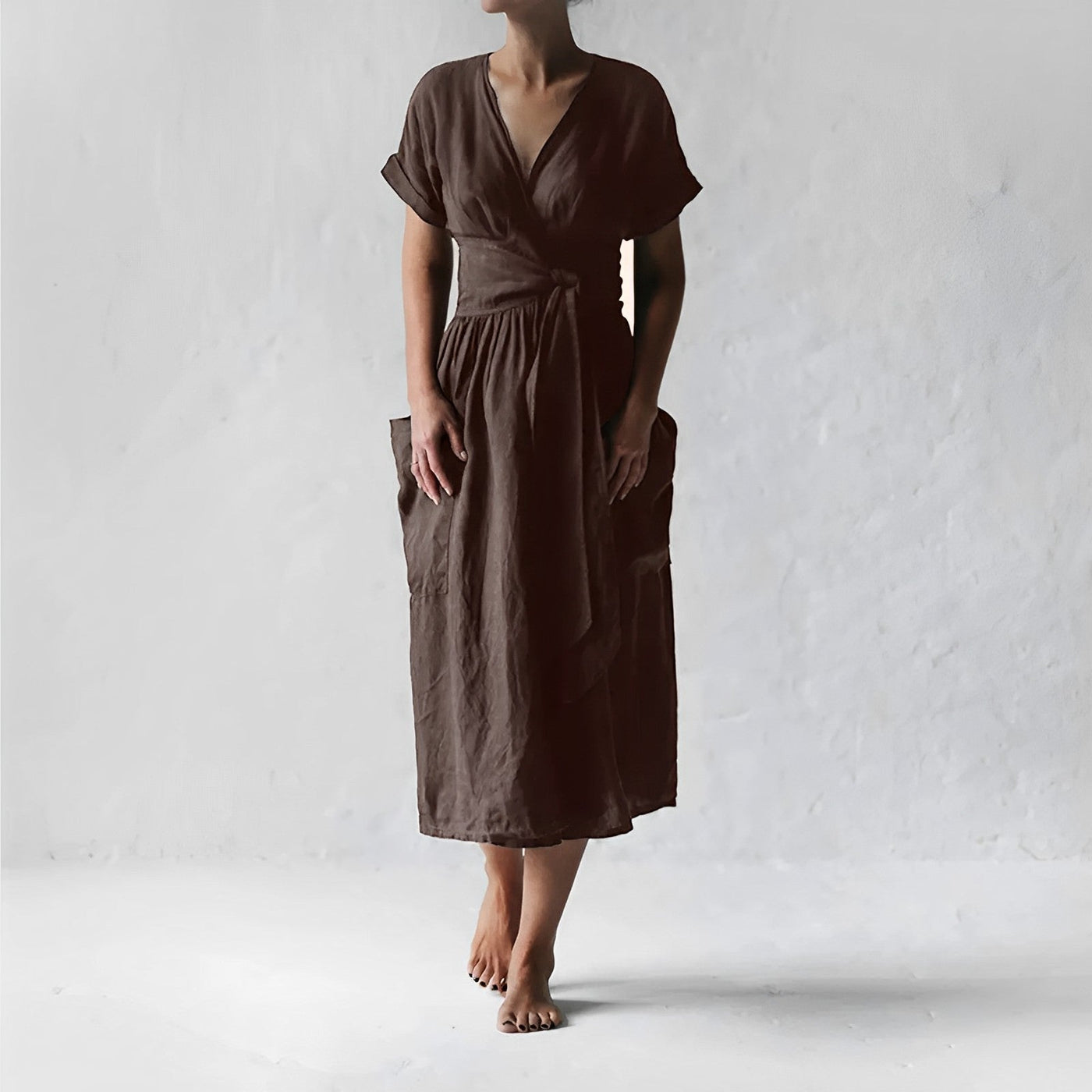 Women's Wrap Dress - Lightweight Breathable Fabric - Midi Length - Short Sleeves - Tie Waist