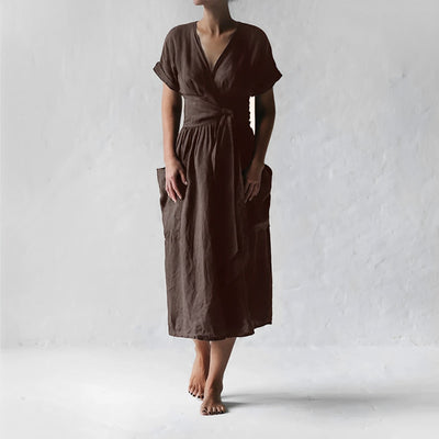 Women's Wrap Dress - Lightweight Breathable Fabric - Midi Length - Short Sleeves - Tie Waist
