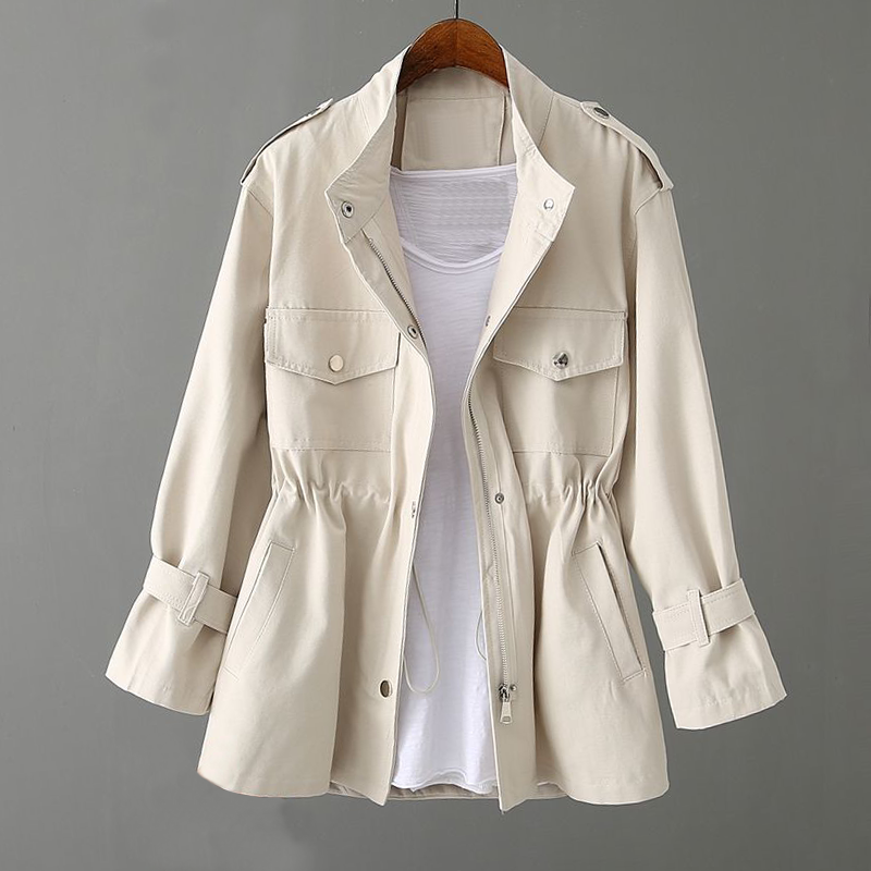 Women’s Trench Coat – Relaxed Fit – Zipper Front – Adjustable Waist – Utility Style