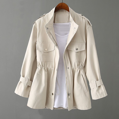 Women’s Trench Coat – Relaxed Fit – Zipper Front – Adjustable Waist – Utility Style