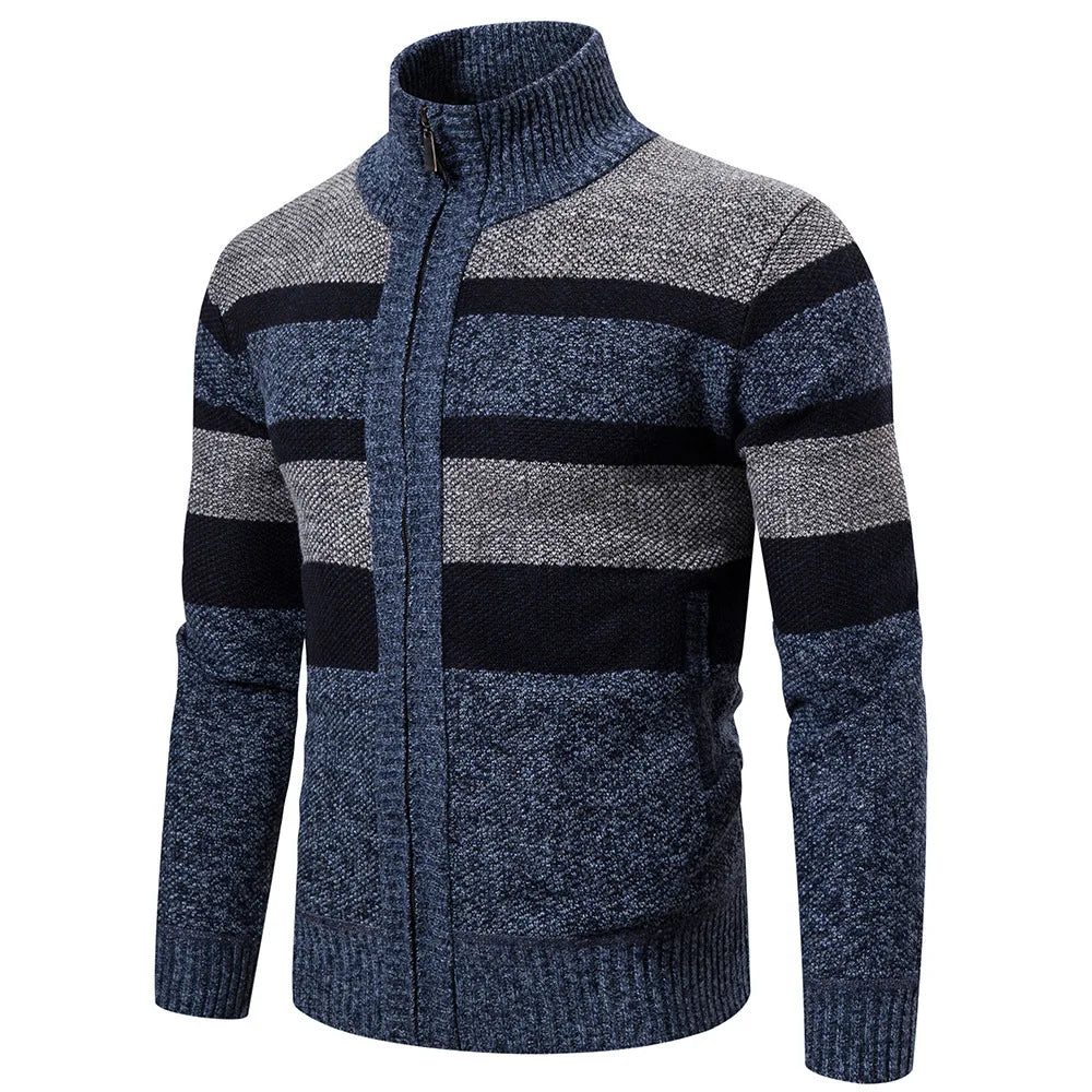 Men’s Knitted Sweater – High Collar – Zip Up – Textured Striped Pattern – Warm & Casual