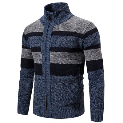 Men’s Knitted Sweater – High Collar – Zip Up – Textured Striped Pattern – Warm & Casual
