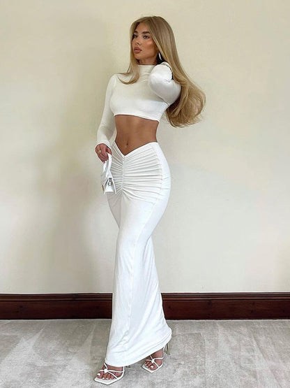 Women's Two-Piece Set - Long Sleeve Crop Top & Ruched Maxi Skirt - Bodycon Fit