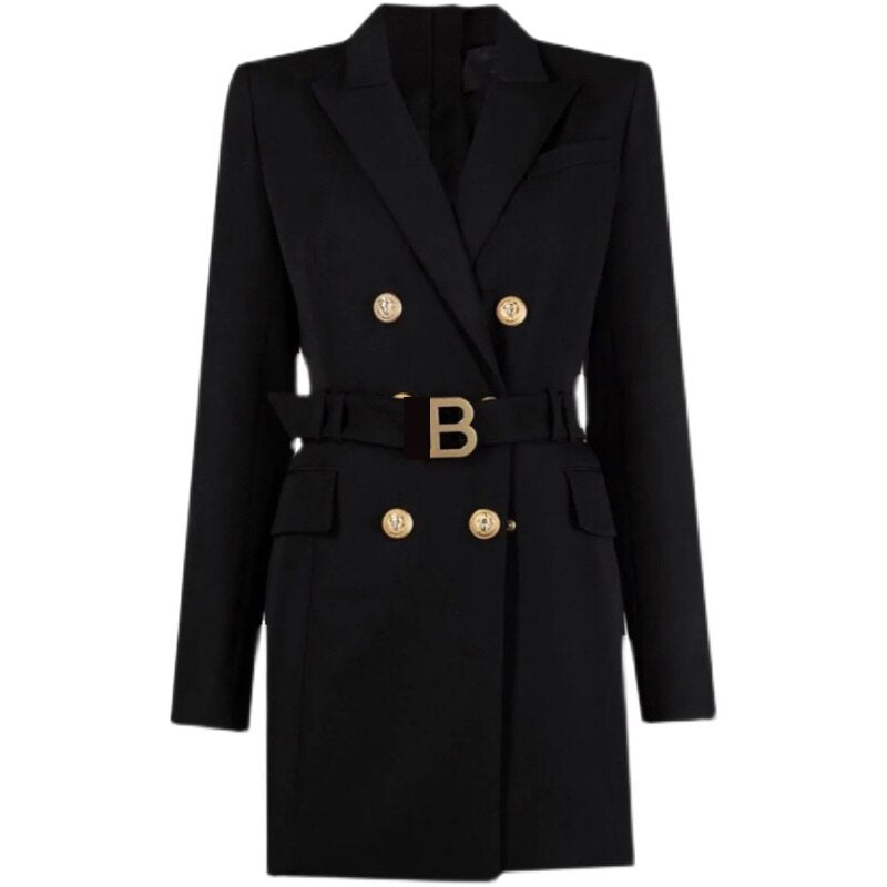 Women's Blazer Dress - Tailored Fit - Double Breasted - Waist Belt - Mini Length