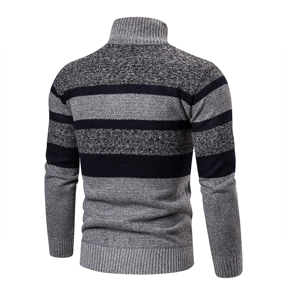 Men’s Knitted Sweater – High Collar – Zip Up – Textured Striped Pattern – Warm & Casual