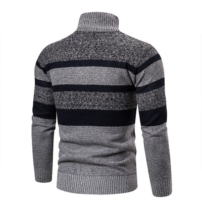 Men’s Knitted Sweater – High Collar – Zip Up – Textured Striped Pattern – Warm & Casual