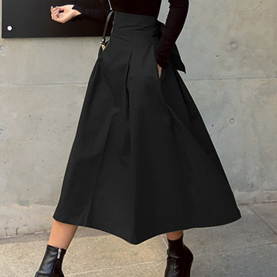Women’s Midi Skirt – High Waisted – A-Line Fit – Pleated Waist – Breathable Blend