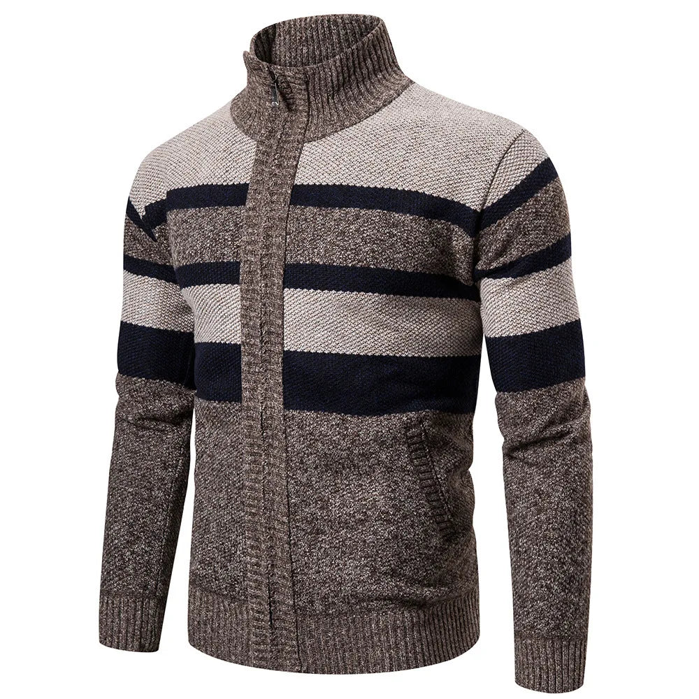 Men’s Knitted Sweater – High Collar – Zip Up – Textured Striped Pattern – Warm & Casual
