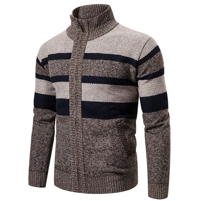 Men’s Knitted Sweater – High Collar – Zip Up – Textured Striped Pattern – Warm & Casual
