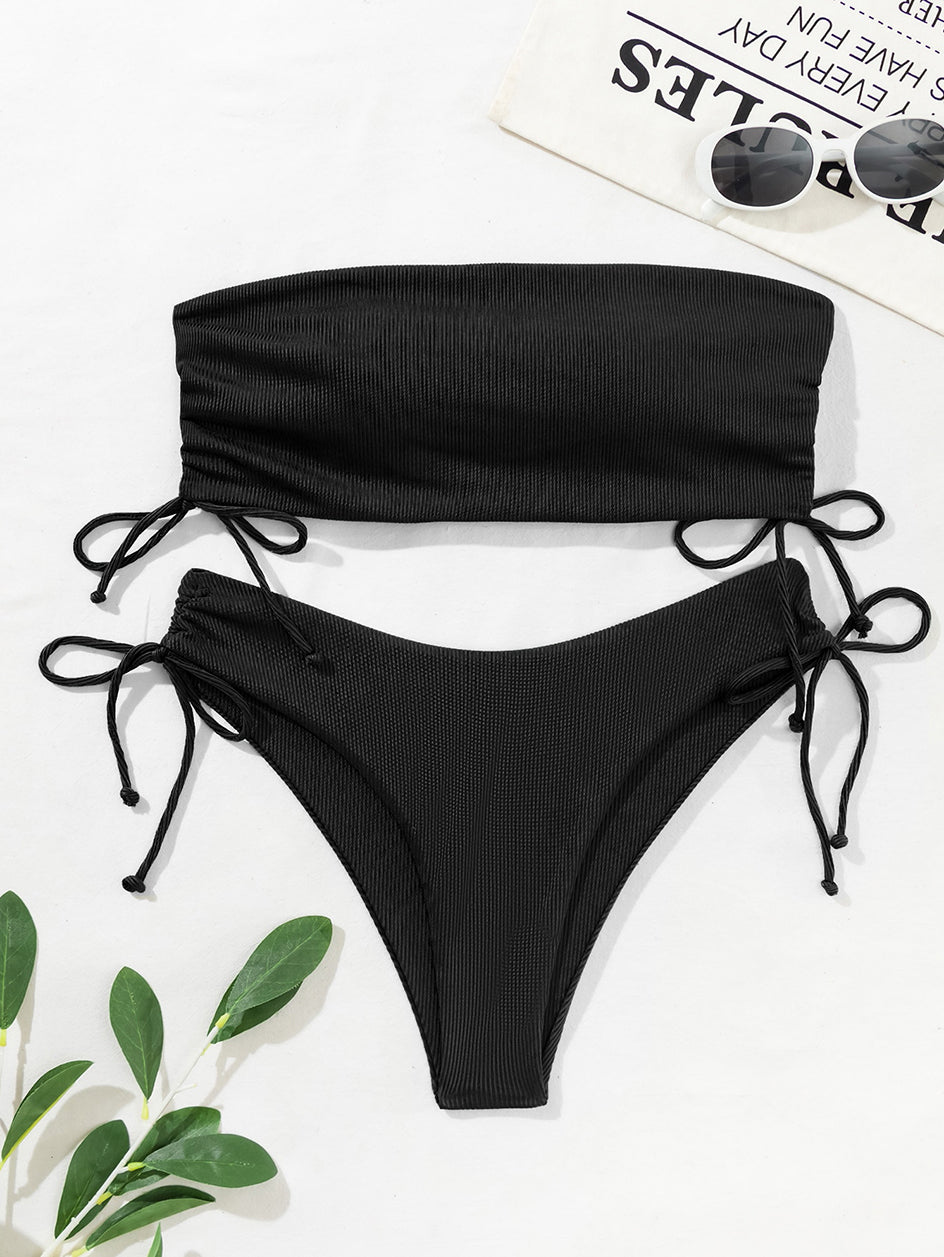 Women's Bandeau Bikini Set - Ribbed Texture - Strapless Top & Side Tie Bottoms