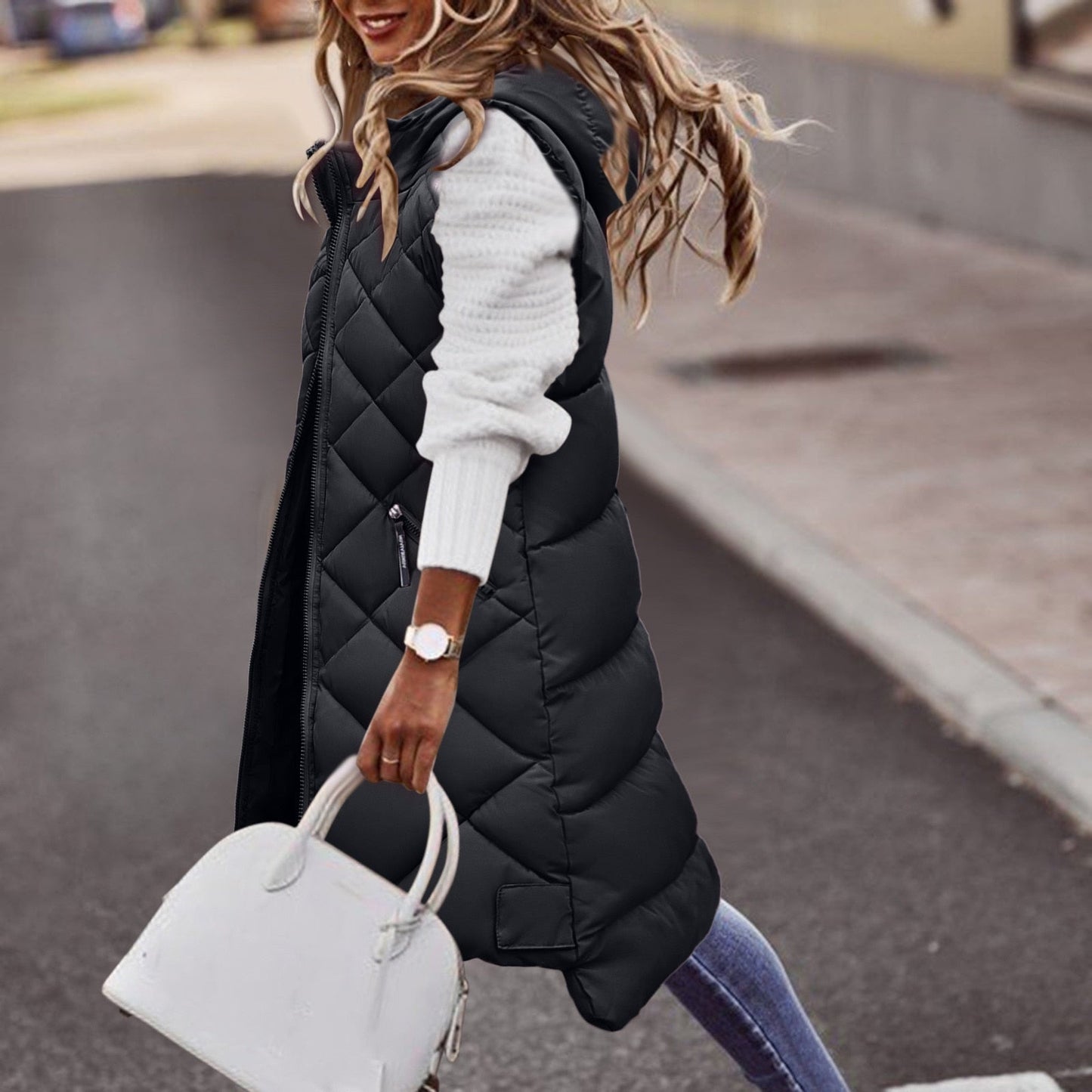 Women’s Long Hooded Vest – Quilted – Relaxed Fit – Weather Resistant – Zipper Pockets