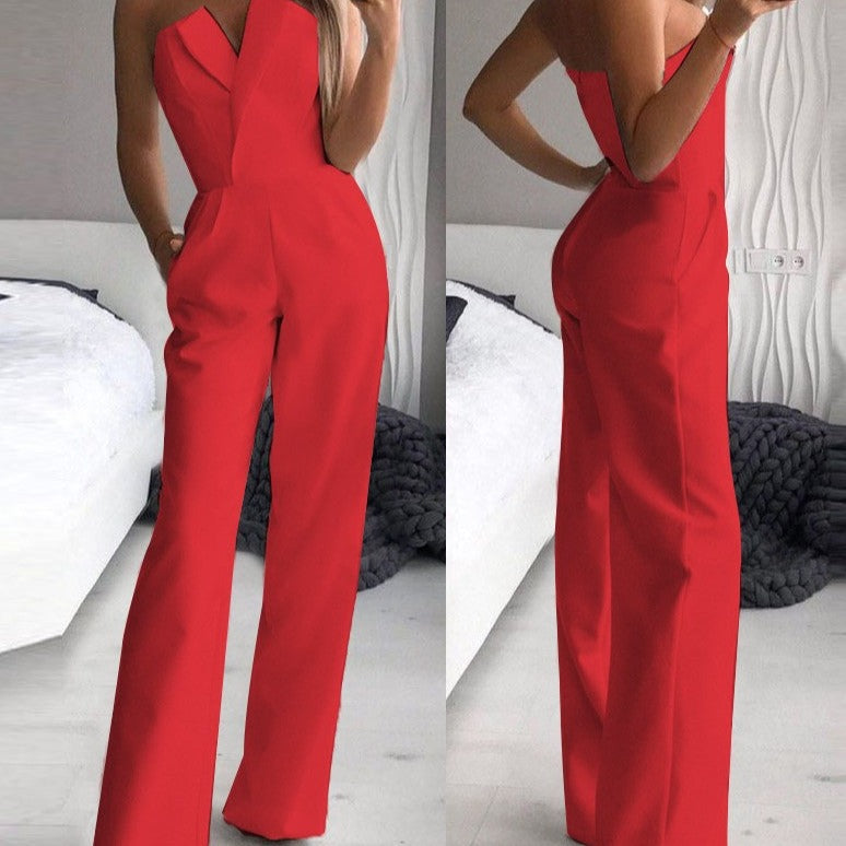 Women's Jumpsuit - Strapless Off-Shoulder - Wide-Leg Elegant Formal Wear - With Pockets